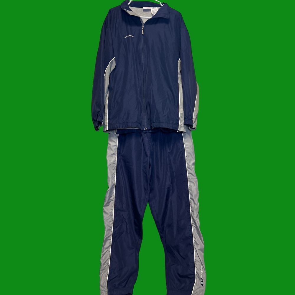Reebok Tracksuit Mens Large Navy Blue Grey 2 Pc Set Full Zip Windbreaker L VTG